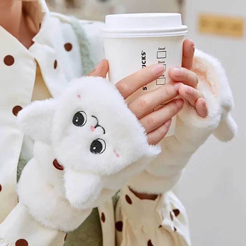 Fashionable womens plush warm G fur cat gloves with lapel fingers G soft girl thick G flexible half finger winter W241026