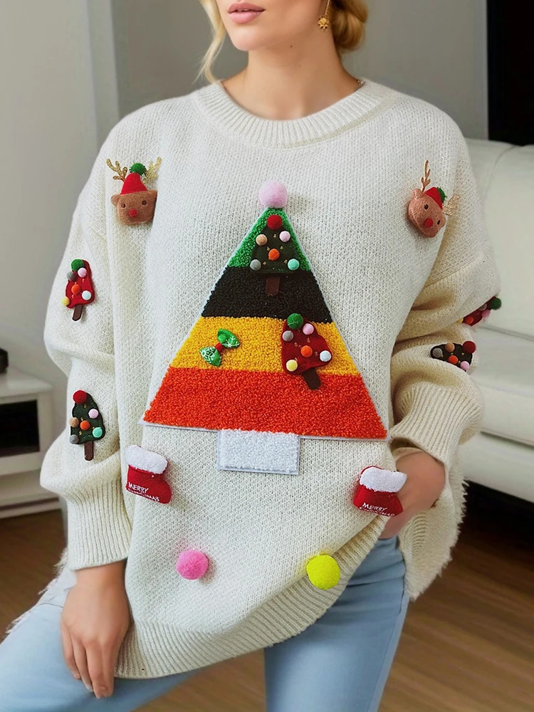 OIINAA Christmas Knitted Sweater Women Oneck Pullover Loose Fashion Autumn Winter Female Long Sleeve Casual Knitwear 241025