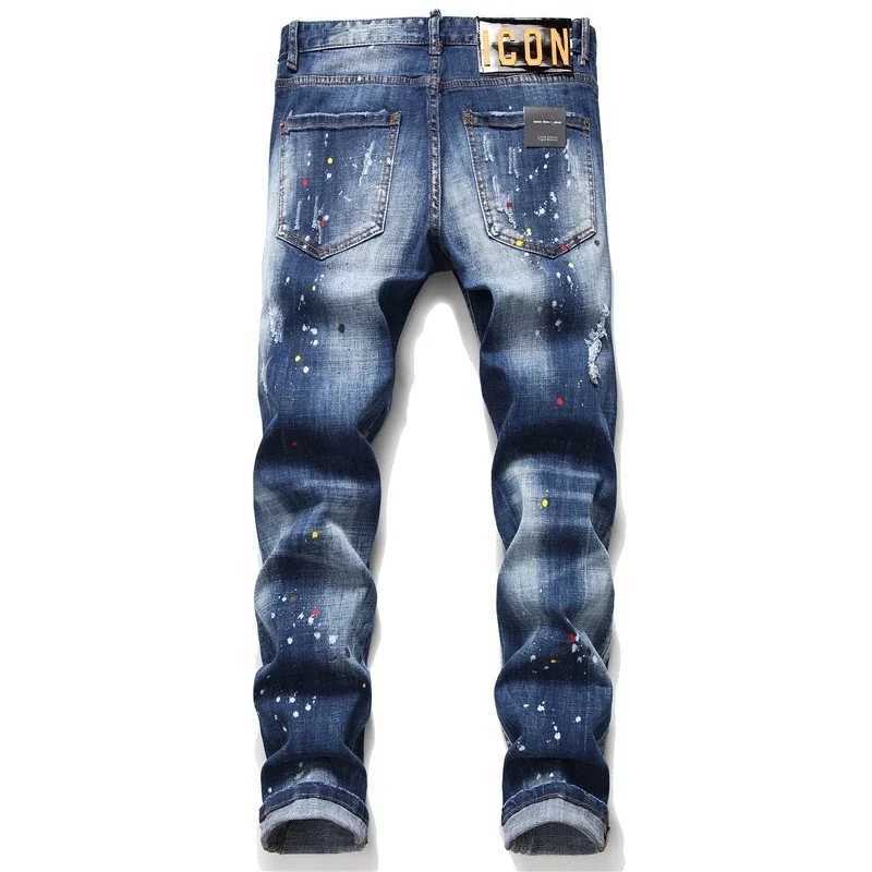 Autumn Winter New Hole Splashed Paint Slim Jeans Stick Cloth Elastic Blue Beggar Trousers Denim Pants X250129