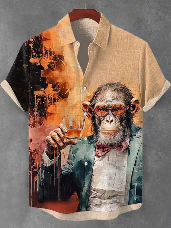 Interesting Monkey 3D Printed Beach Shirt Casual Haian Beach Shirt Hip Hop Mens Short Sleve Cute Animal Womens Shirt Button Top W241026