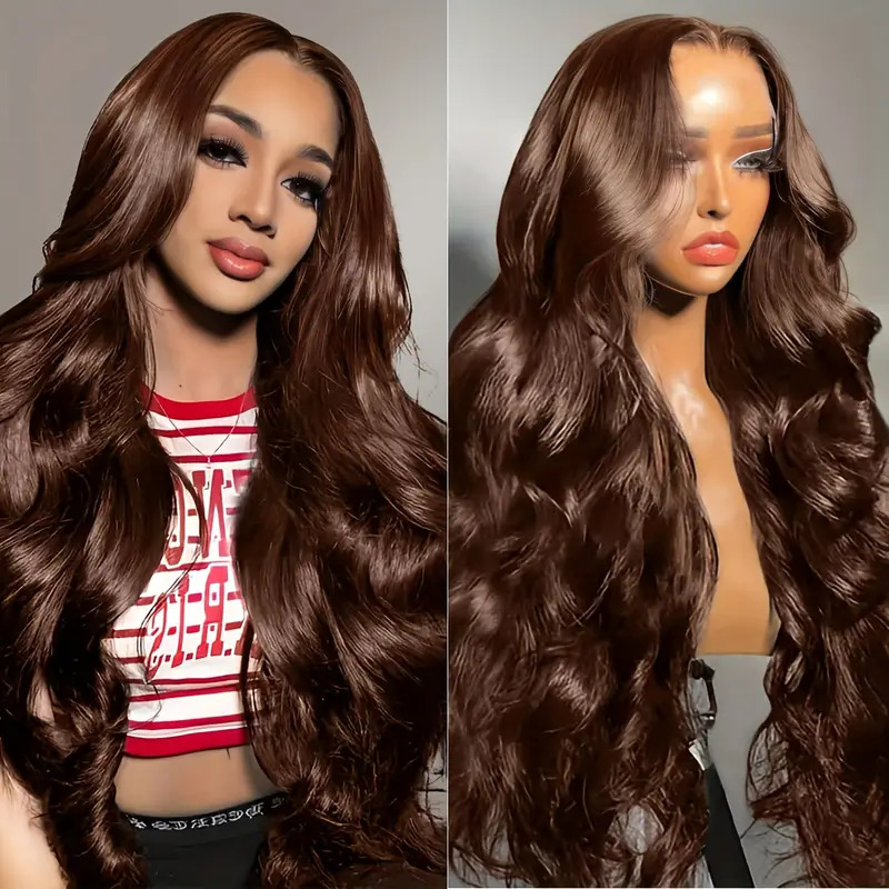 13*4 Body Wave Real Human Hair Chocolate Brown Transparent Lace Front Wig Pre Plucked For Women 210 Denasity
