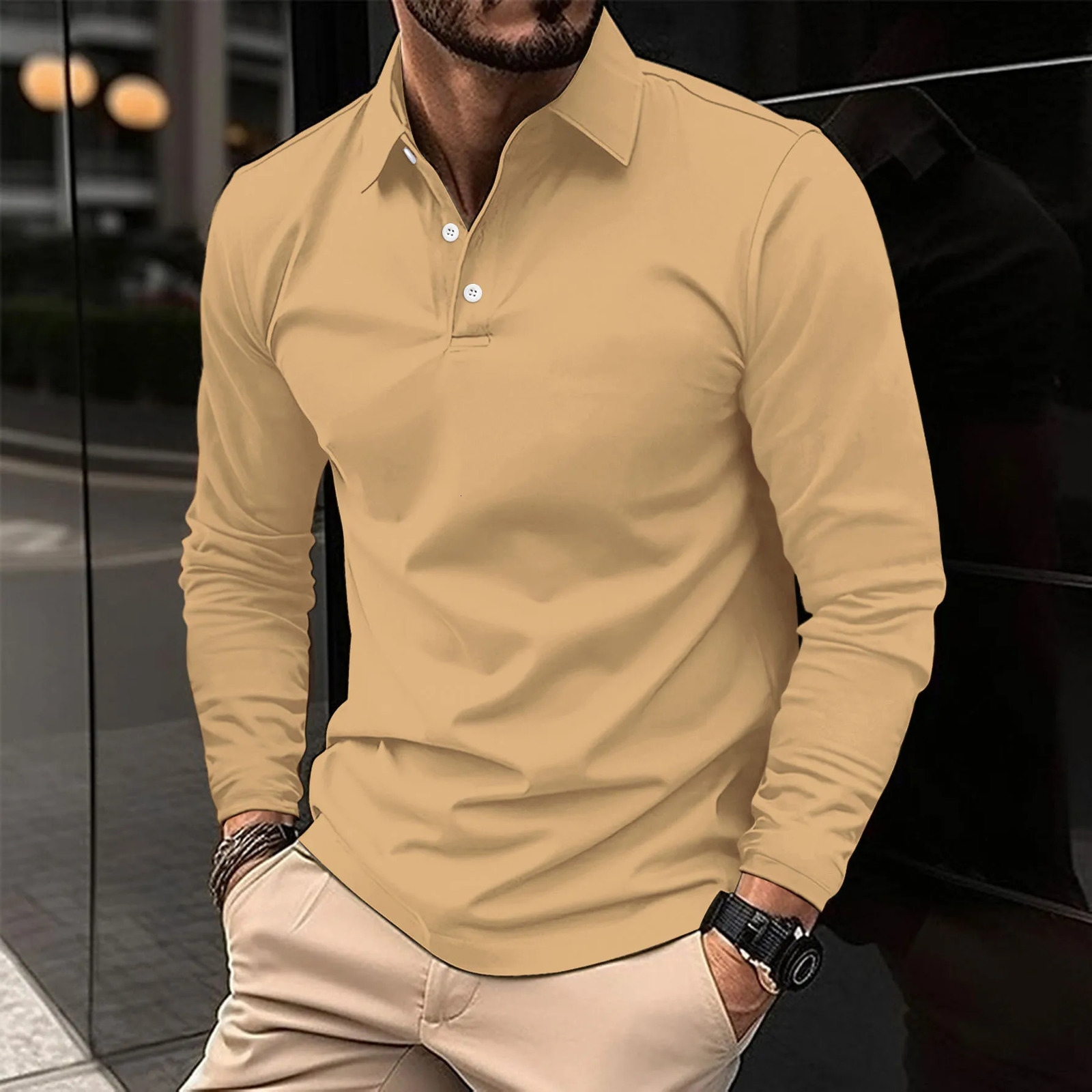 Man Long Sleeve Polo Solid Leisure Comfy Casual Loose Bakery Restaurant Lapel Shirt Catering Cafe Supermarket Workwear 241025