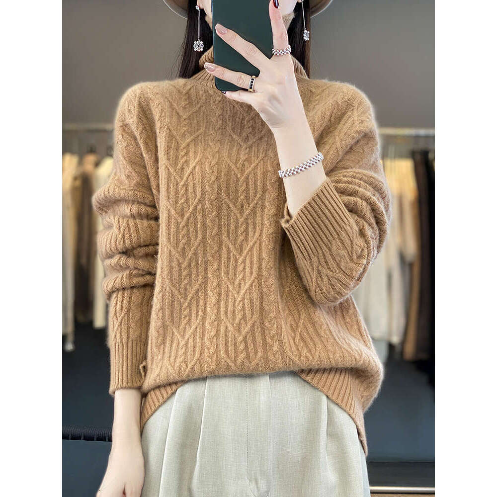 Autumn Winter Loose Thick Women 100% Merino Wool Mock-Neck Solid Pocket Cashmere Sweater Female Clothing Top