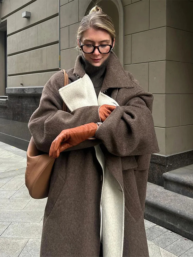 Elegant Lapel With Packet One Button Woolen Coat Women Fashion Yellow Long Sleeve Loose Overcoat 2024 Autumn Winter Lady Outwear 241025