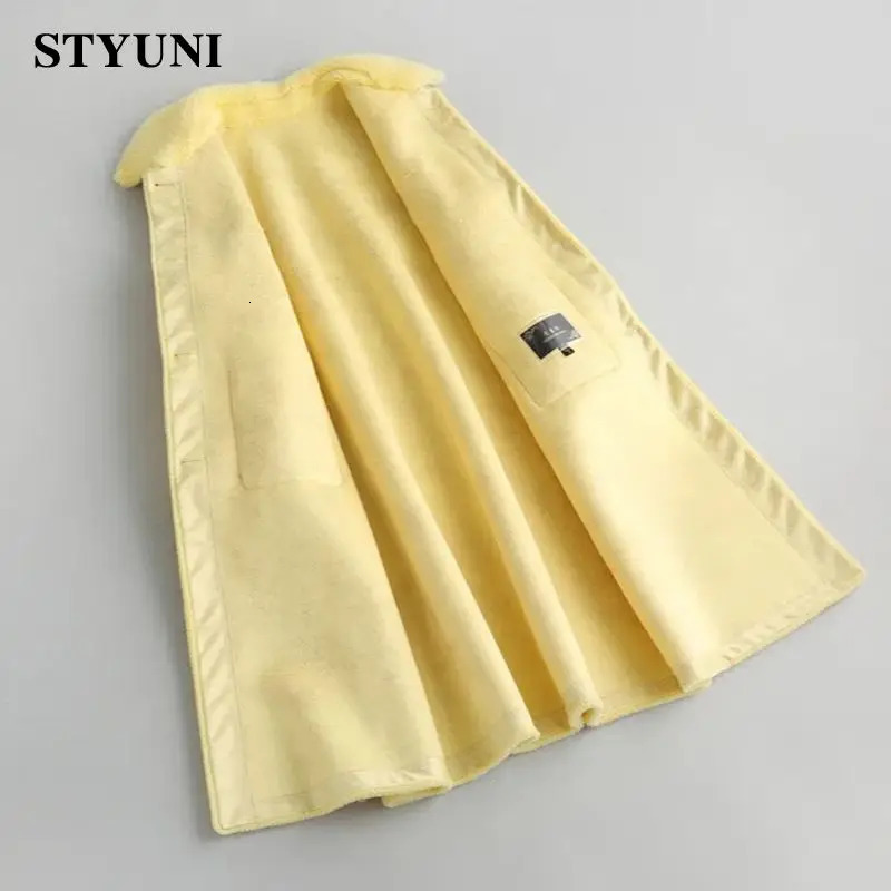 Yellow Solid Thick Woolen Long Sleeve High Waist With Belt Buttons Jacket Wool Blends Korean Fashion Coat Winter 2023 241025