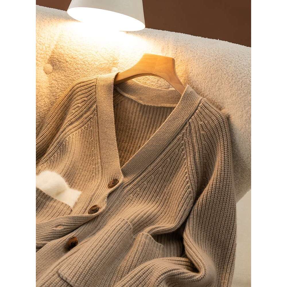 High Quality Women V-Neck Cardigan Cashmere Sweater Autumn Winter Thick 100% Merino Wool Knitwear Comfort Loose Korean Fashion