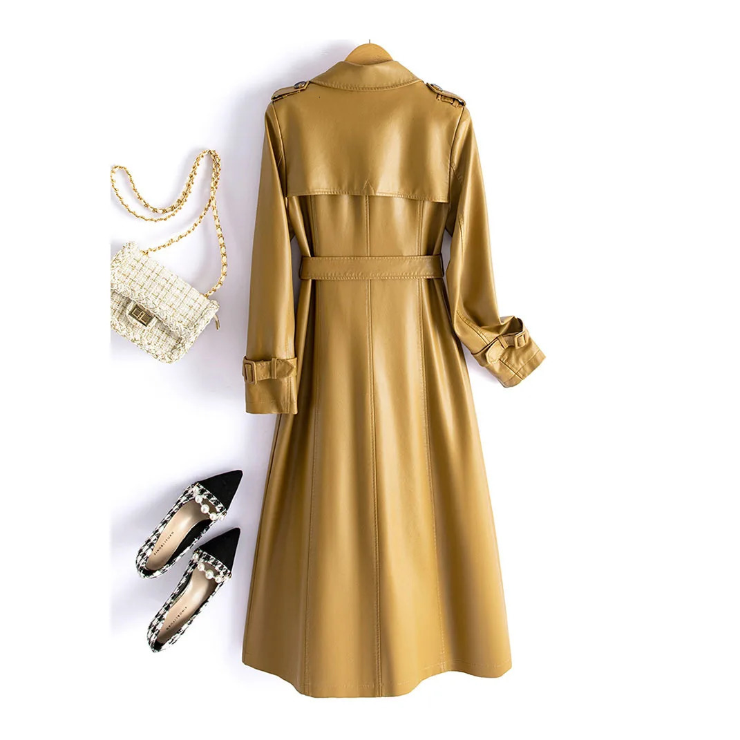 Fashionable womens double breasted lace waistband leather trench coat autumn and winter mid length womens sheepskin coat 241025