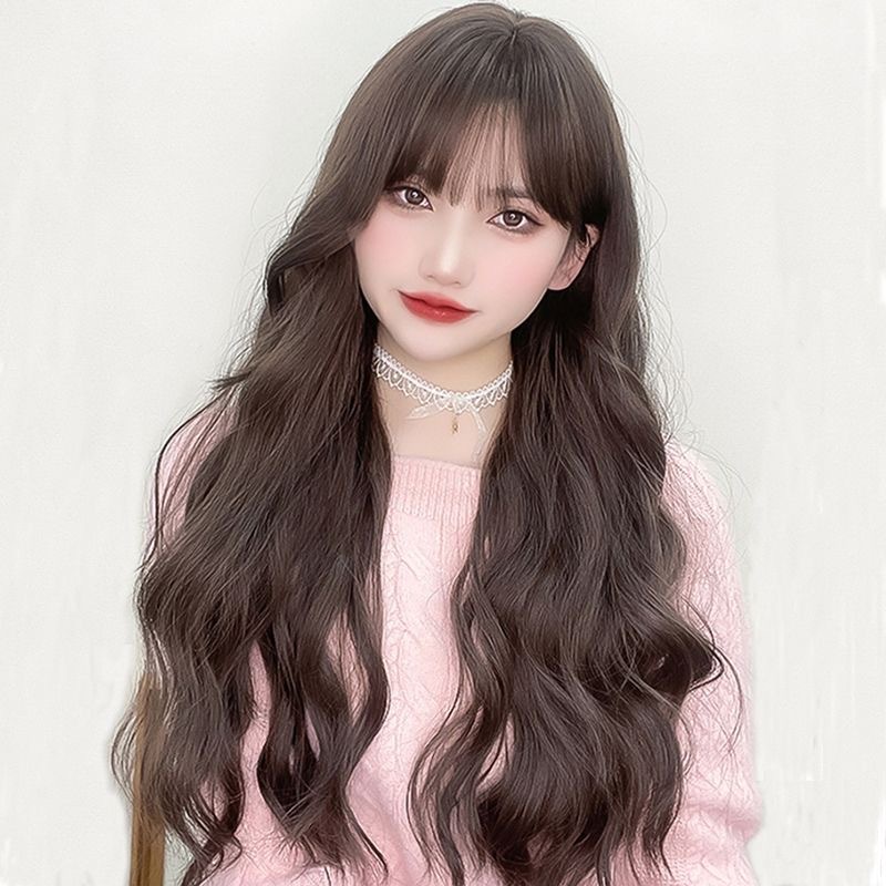 Wig for women long curly hair synthetic fiber wig with bangs and long waves