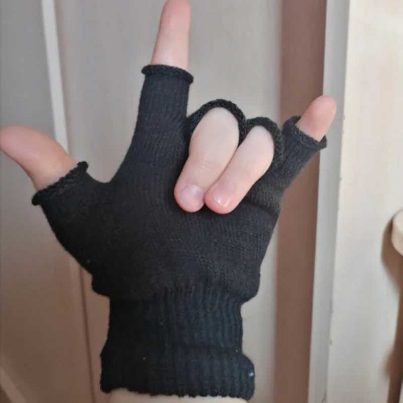 1 pair of black short half finger knitted wrists G winter warm stretch work Gs mens and womens bicycle accessories W241026