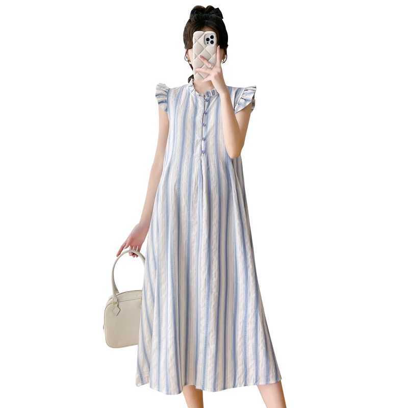 2024 Summer Pregnant Womens Striped Long Dress Petal Sleeve Cotton Linen Dress Sweet Sleeveless Pregnant Women A-line Dress W241026
