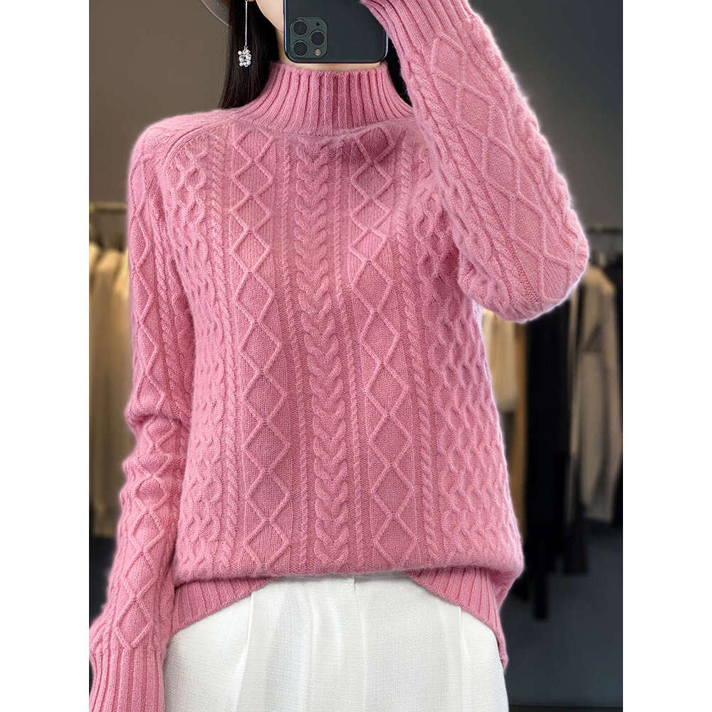 Women Sweater Twist Wer Mock Neck Pullover Autumn Winter 100% Merino Wool Basic Long Sleeve Cashmere Knitwear Fashion