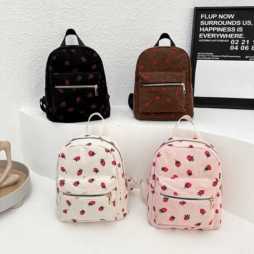 Corduroy Strawberry Backpack Large Capacity Multi-pockets Travel Backpack Strawberry Pattern Adjustable Strap Daily RucksackXJ241026