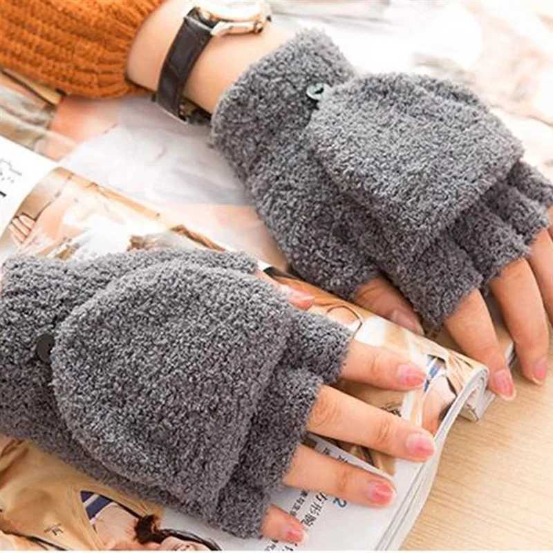 Student dual-use boys and girls warm winter coral velvet Gs convertible flip half finger Gs knitted gloves W241026