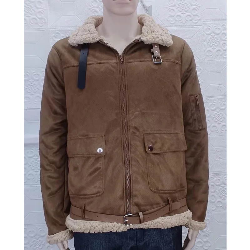 Winter Mens Lamb Wool Lined Leather Jacket Parka Outwear Coat Men Retro Fur Locomotive Zipper PU Warm 241025