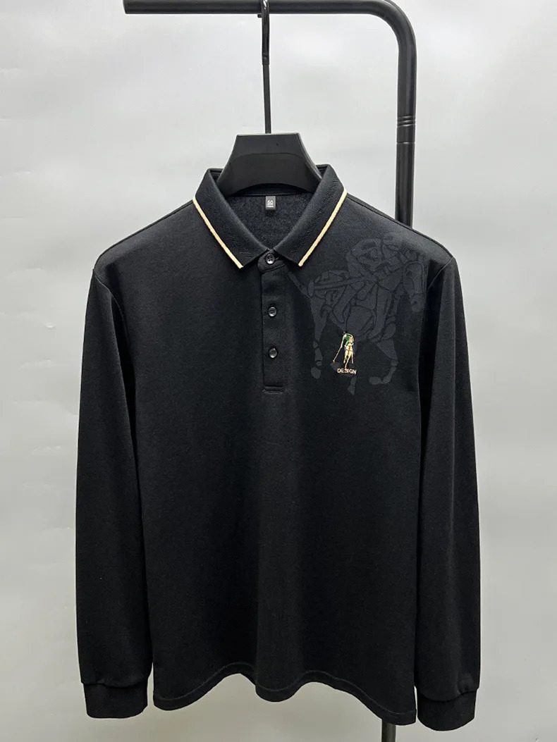 High end solid color long sleeved exquisite embroidered POLO shirt for mens fashion lapel Tshirt casual anti wrinkle top 241025