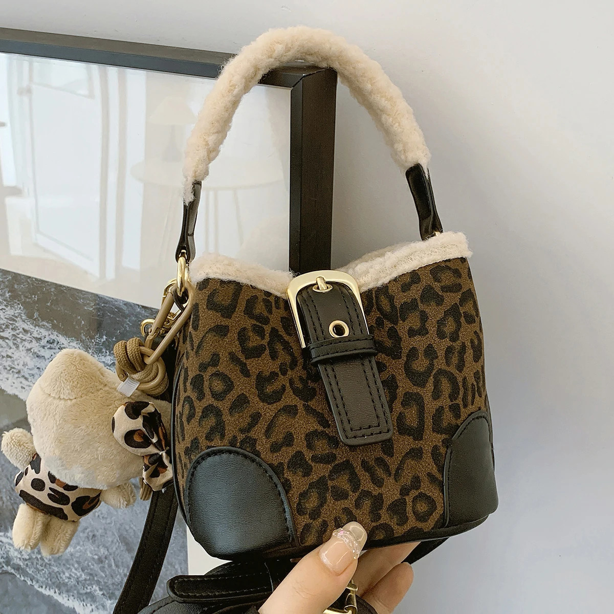 Retro womens leopard suede bag patch cashmere mini handbag womens casual set 241025