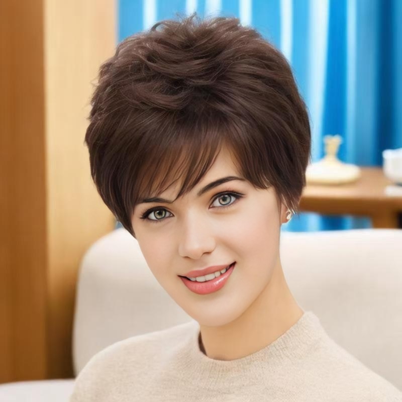 Middle-aged and elderly women's fluffy short curly wig high temperature silk full head cover