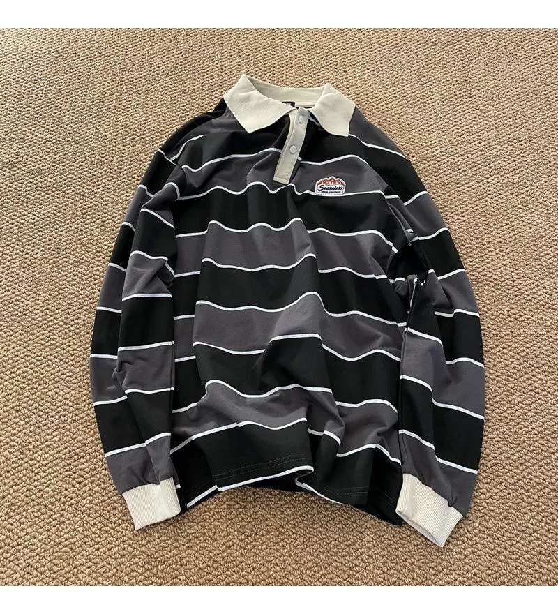 Japan Retro Striped Longsleeved POLO Shirt Top Men Women Loose Trend Couple BF Lapel Sweatshirt Preppy Hip Hop Cool Shirts 241025