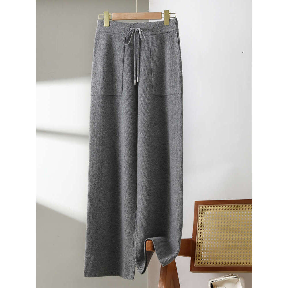 Autumn Winter New 100% Pure Wool Wide Leg Ladies Thicken Pocket Straight Pants Casual High Waist Warm Knit Trousers Female
