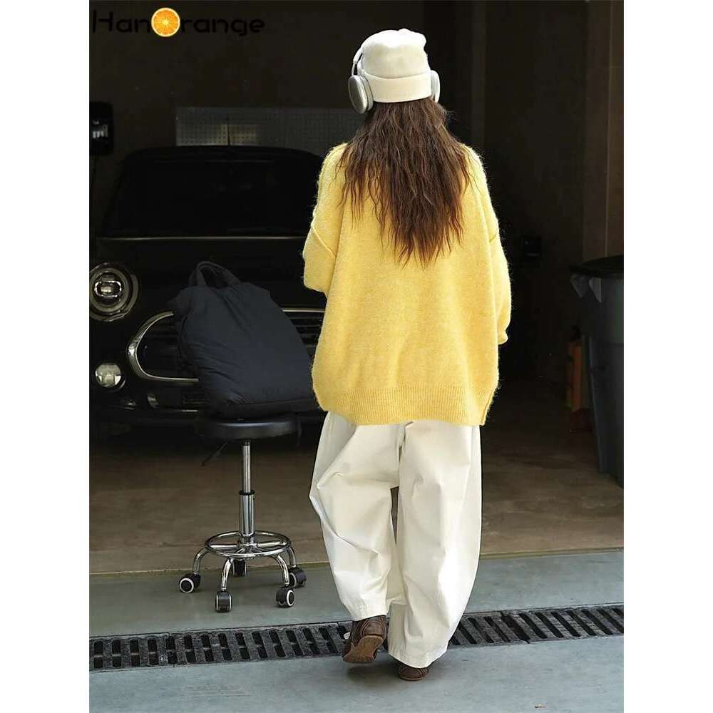 Hanorange 2024 Autumn Winter Lazy Pullover Wool Sweater Women Loose Silhouette Warm Comfortable Knitting Top Yellow/Blue