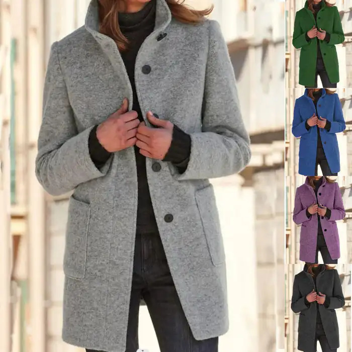 Womens Parka Warm Trench Coat Wool Blend Jacket Casual Retro Button Clre Solid Color Stand Collar Winter 241025