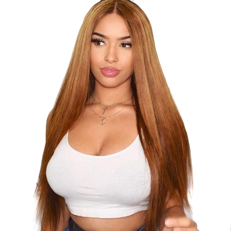 Women's synthetic long straight hair dyed wig women's middle parted bangs