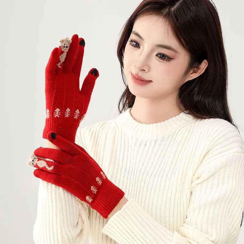 2024 Christmas Winter Gs Womens Touch Screen Keep Warm and Cold Thick Loop Knitted Wool Brushed Red Gs W241026