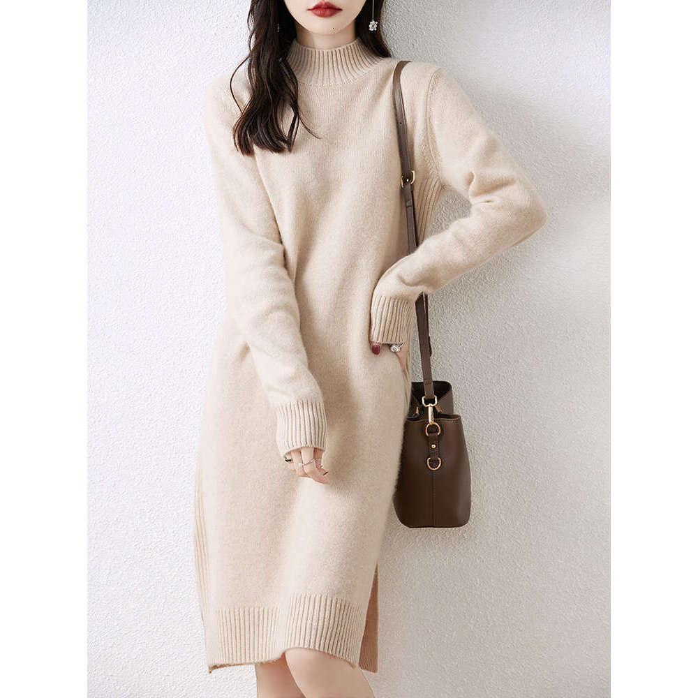 Hot Selg New 100% Merino Wool Knitted Autumn Winter Thick Mock-Neck Pullover Long Sweater Casual Women's Dress