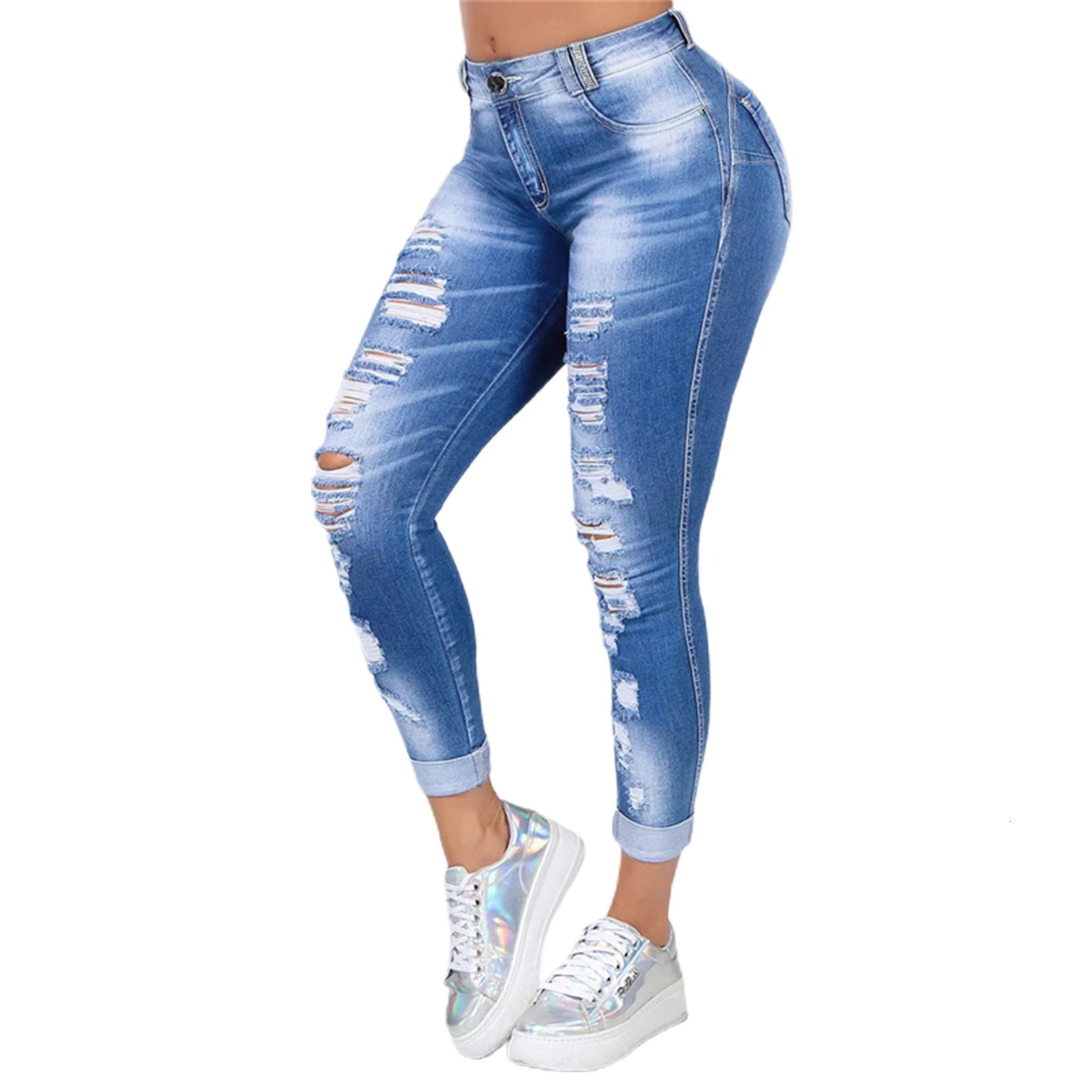plus size 5XL Women Ripped High Waist Trousers Skinny Denim Jeans Hollow Bleached Long Pants Pencil 241025