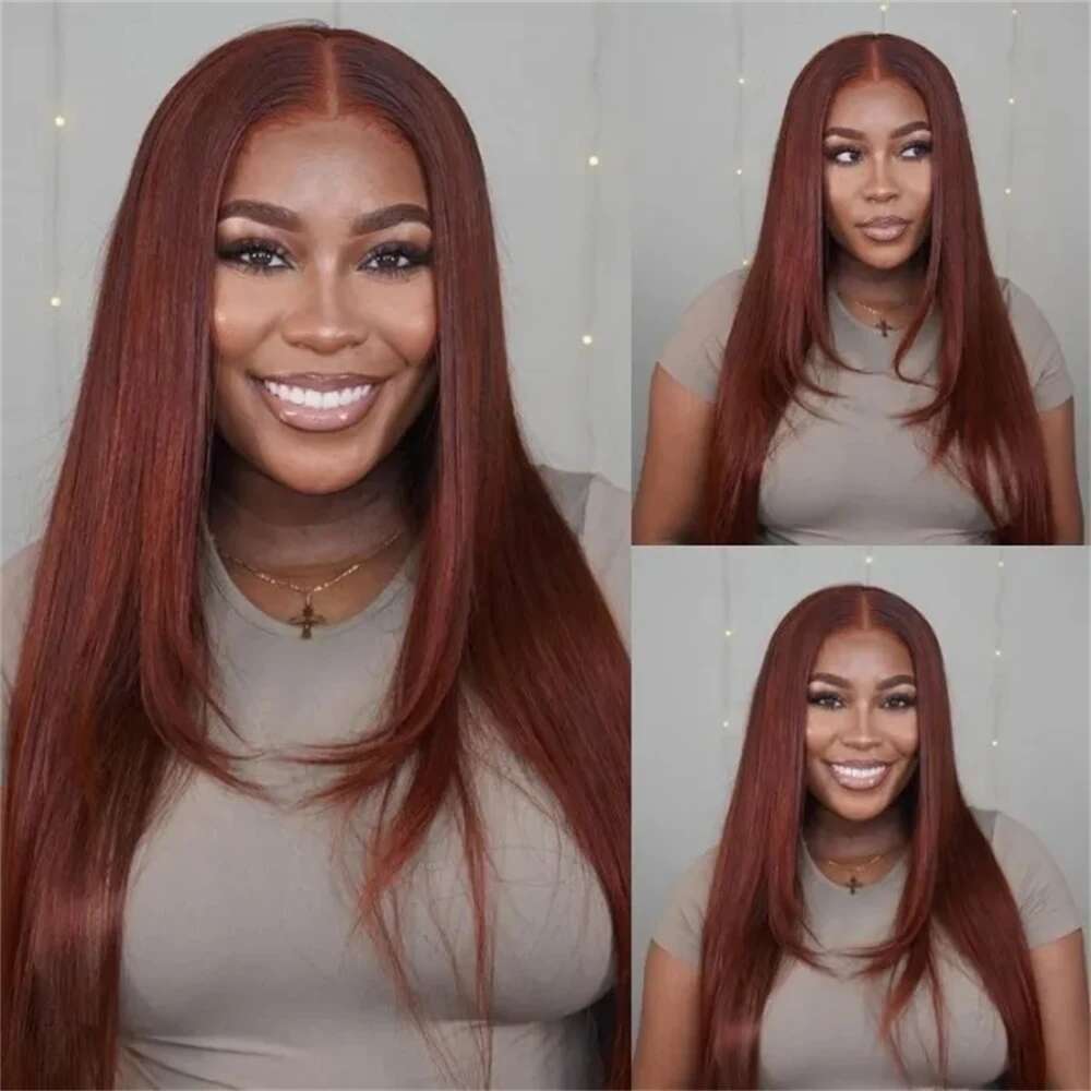 Reddish Brown Layered Cut Wig Copper Red Straight Lace Front For Women Synthetic 13X4 Glueless T Part Heat Resistant Wigs