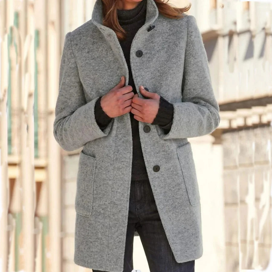 Womens Parka Warm Trench Coat Wool Blend Jacket Casual Retro Button Clre Solid Color Stand Collar Winter 241025