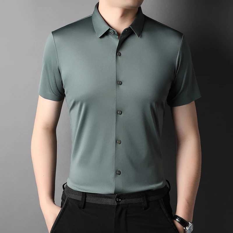 MLSHP High Elasticity Summer Mens Shirt Luxury Short Slip Solid Color Seamless Business Casual Mens Dress 4XL W241026