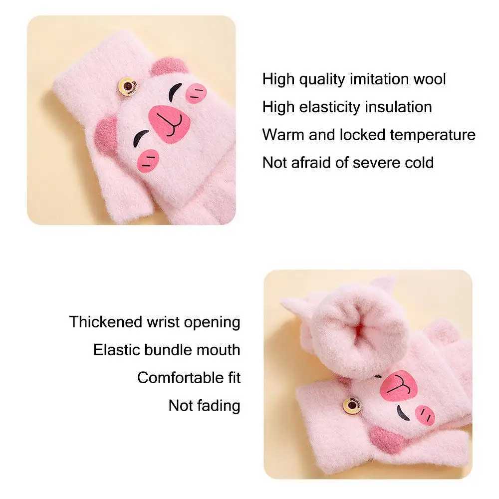 Cybara Kids Winter Gs Mink Thick Student Half Finger Collar Gs Cartoon Boys and Girls Warm Knitted Gloves W241026