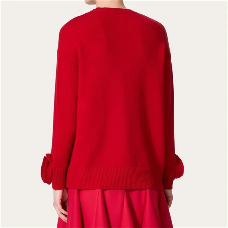 Womens sweater 3D floral decorated round neck pullover for autumn 2024 wool blend long sleeved top Elastic Knitwear 241025