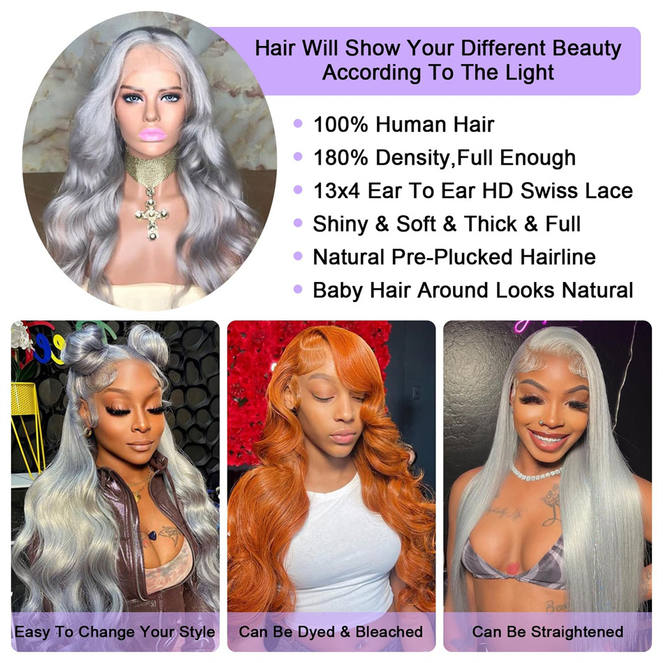 Grey Front Wigs Pre Plucked Body Wave Human Hair Wig13x4 HD Transparent Lace Frontal Wig Glueless Sier