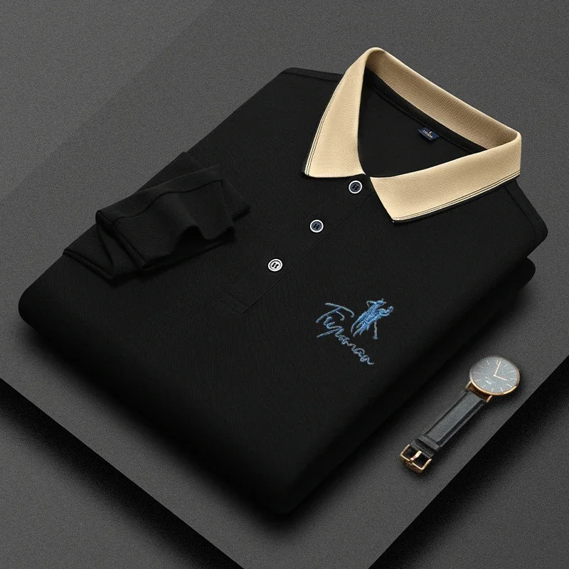 Mens Casual Embroidery Long Sleeve Polo Shirt Fashion Solid Color Top y241025