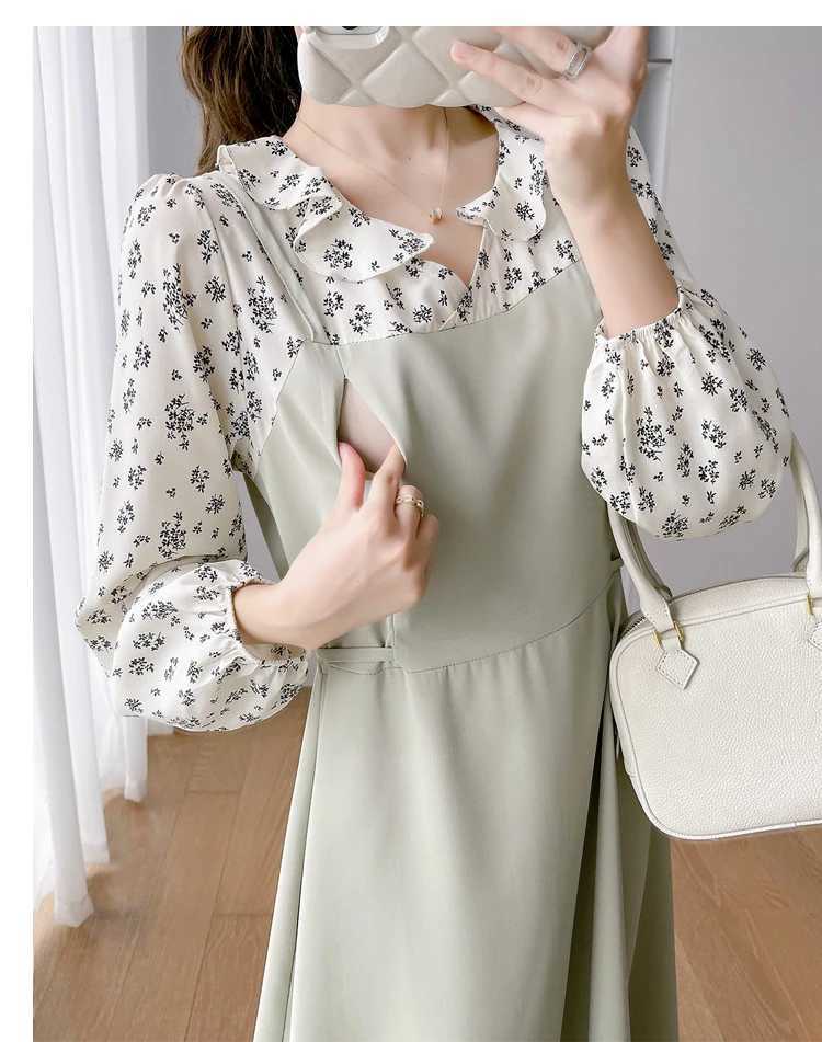 Postpartum Womens lotion Dress Spring and Autumn Flower Long Sleeve Patch Work Maternity Care Dress Chiffon Nursing Dress W241026