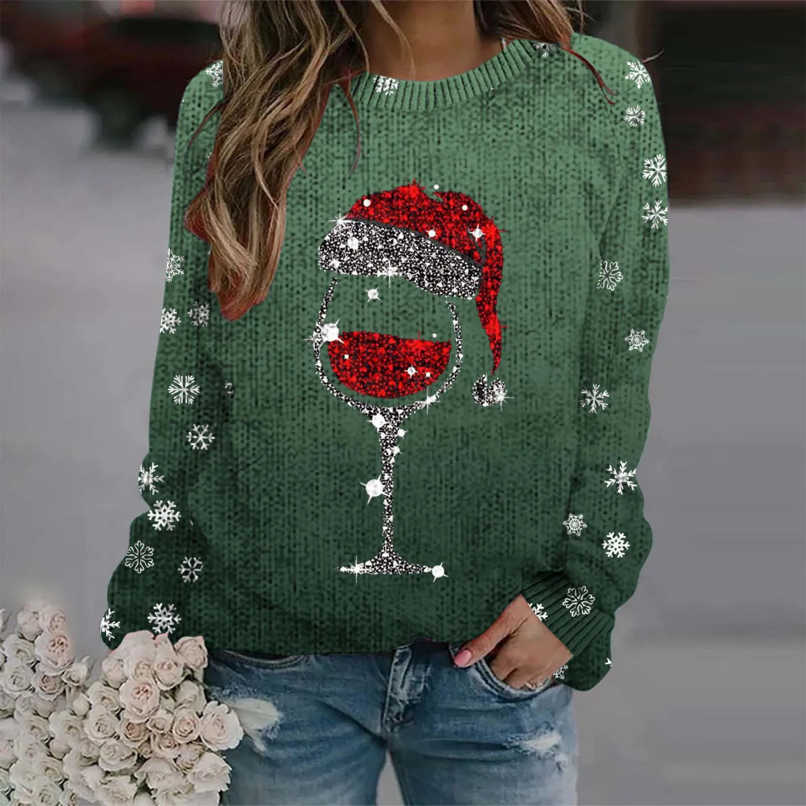 Autumn Christmas wine glass pattern womens sweater thick snowflake print sweater Christmas gradient color latte knit sweater 241025