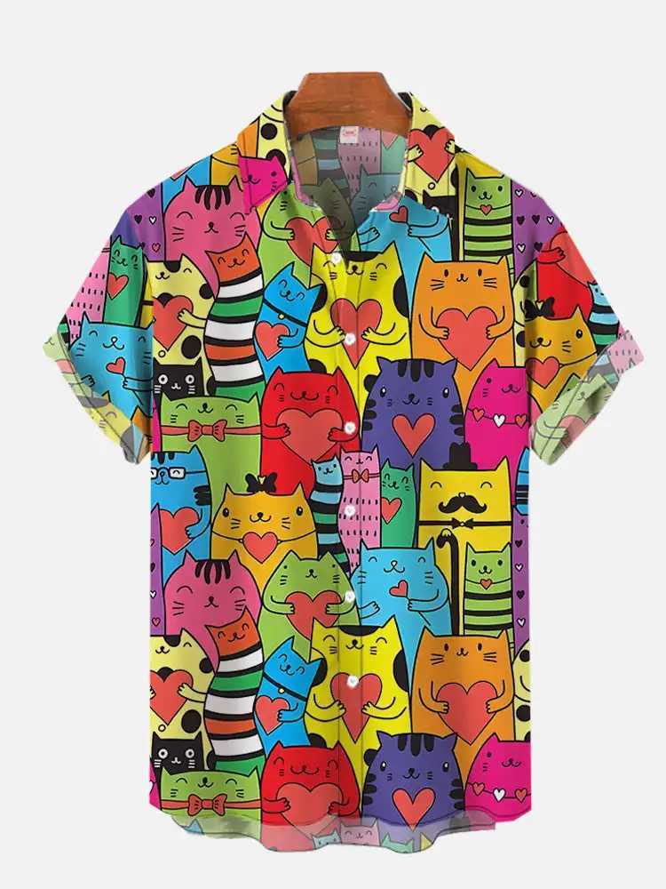 Cute cat print casual shirt for men wearing 3D printed classic short slip shirt every day fashionable Haian shirt Harajuku mens style W241026