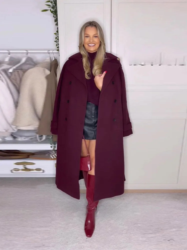 Elegant Burgundy Buttons With Belt Long Coat Women Fashion Lapel Full Sleeves Wool Blends Jacket 2024 Office Lady Outerwear 241025