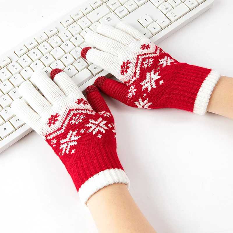New Womens Knitted Gs Christmas Snowflake Printed Wool Gs Winter Warm Knitted Neutral Riding Work Gloves W241026