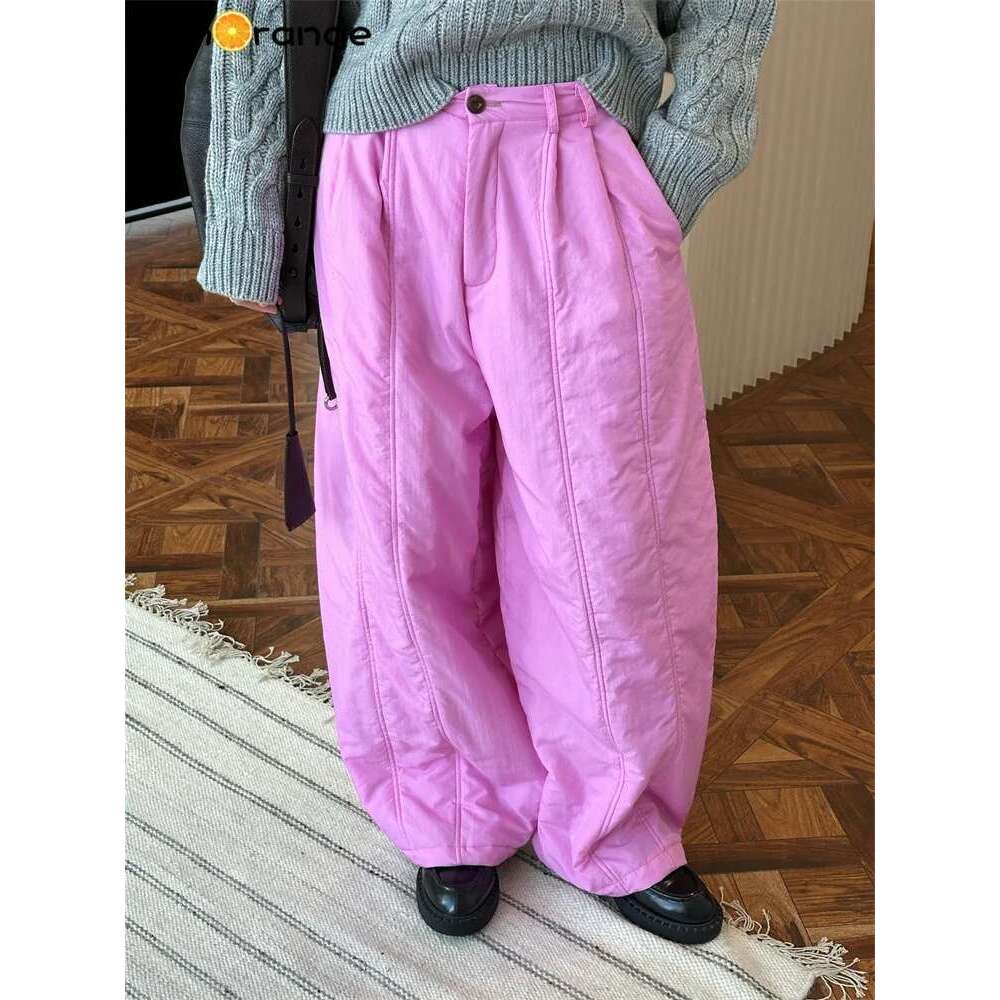 Hanorange 2024 Autumn Winter Simple Cotton Padded Pleated Pants Women Fluffy Silhouette Warm Nylon Trousers White/Pink