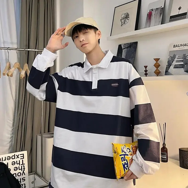 Spring Autumn Long Sleeve Polo Shirt Mens Striped Japanese Style Loose Fit Versatile Trendy Lapel Tshirt Top For Youth 241025