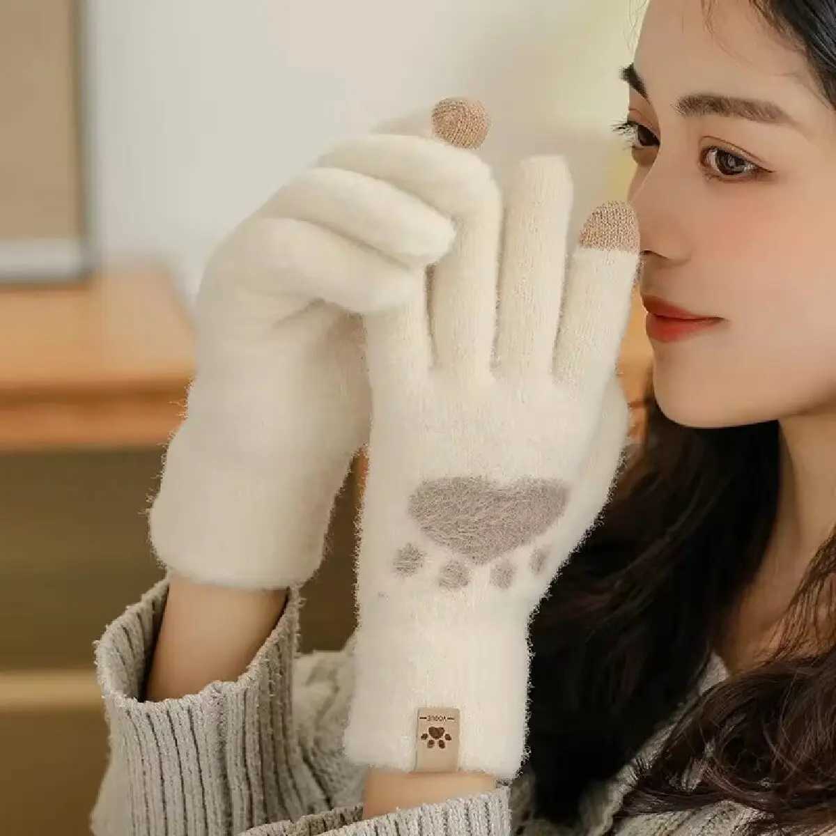 Winter Cat P Gs Warm Gloves Fashion Phone Touch Screen Knitted Gs Thick Women Soft Fluffy All Finger Gs W241026