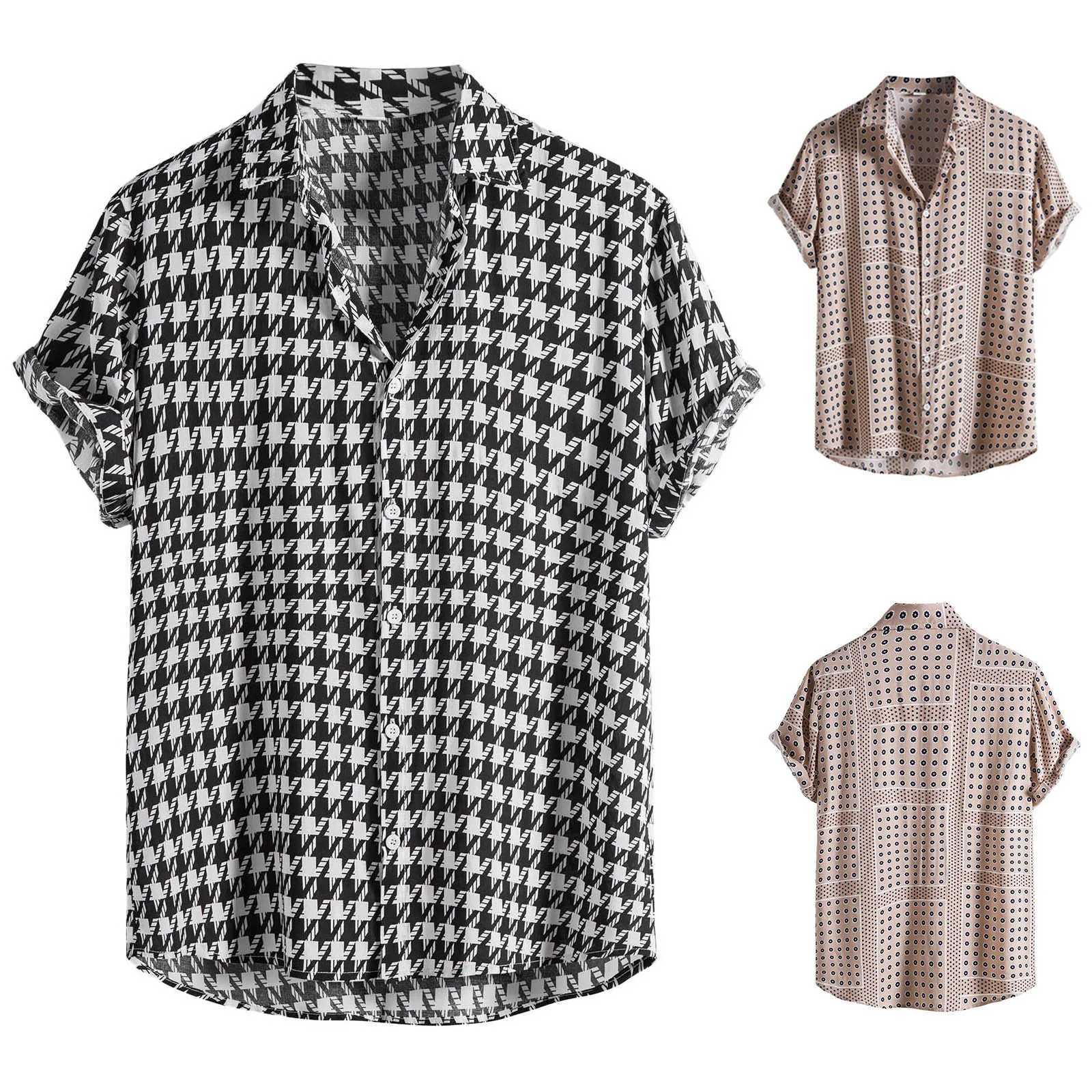 2024 Mens Short Sleve Casual Loose Shirt Summer Hound Plaid Shirt Mens Haian Short Sleve Beach Button Shirt W241026