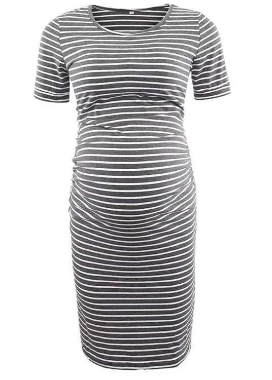 Pregnant Dress 1512 Pregnant Long Dress 2023 New Round Neck Short Sleeve Stripe W241026