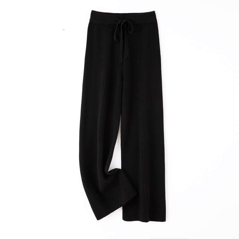 2024 Fashion Women Pure Color Wide Leg 100% Merino Wool Knitted Trousers Spring Autumn High Waist Lace-Up Pants