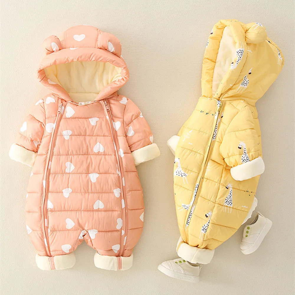 2024 born Baby Jumpsuit Hooded Plus Velvet Warm winter wear Baby Boys Snowsuit Toddler Snow Suit Girl Cotton Overalls Rompers 241025