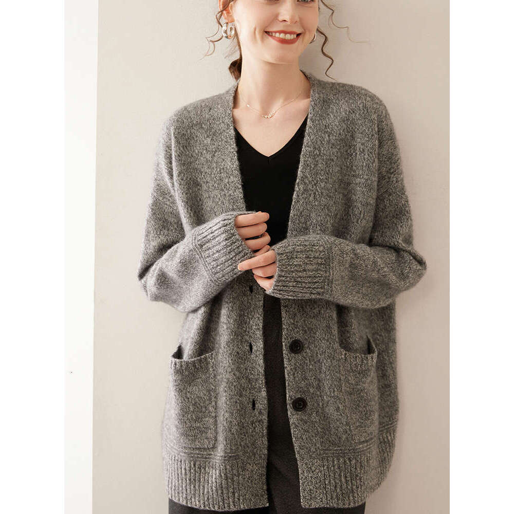 New Chic Women V-Neck Cardigan Sweater Autumn Winter Thick Loose Casual 100% Cashmere Knitwear Coat Korean Clothes Tops