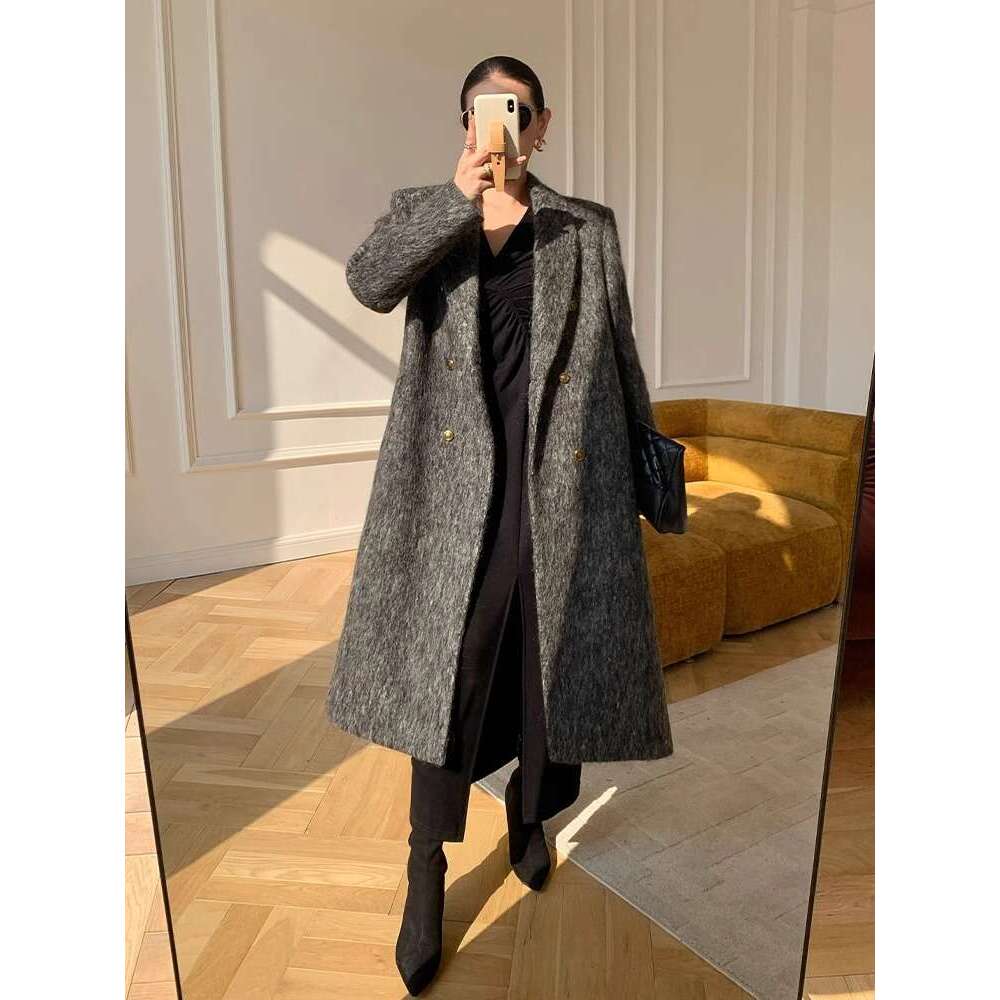 Women's Autumn Winter Fashionable Sophisticated Gray Hepburn Style Brushed And Thickened Coat